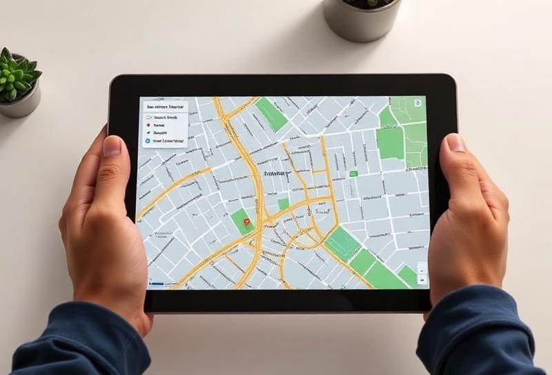 Tablet showing annotated neighbourhood map for local keyword targeting