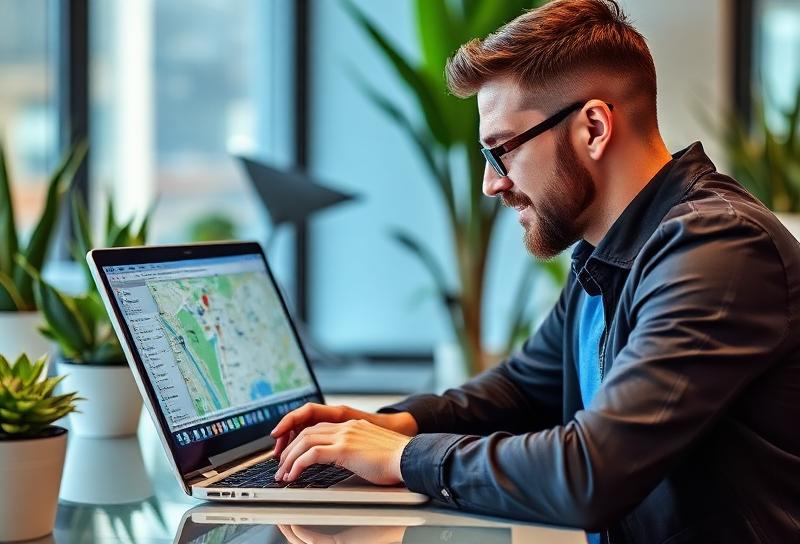 Marketing strategist mapping local search keywords on a laptop