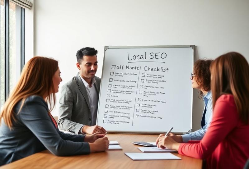 Team reviewing a local SEO checklist in a meeting